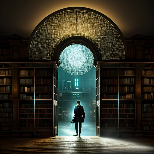 A dimly lit, dusty room overflowing with books, in the midst of which a surprised Sherlock Holmes stands before a shimmering, circular gateway emitting a mystical glow.